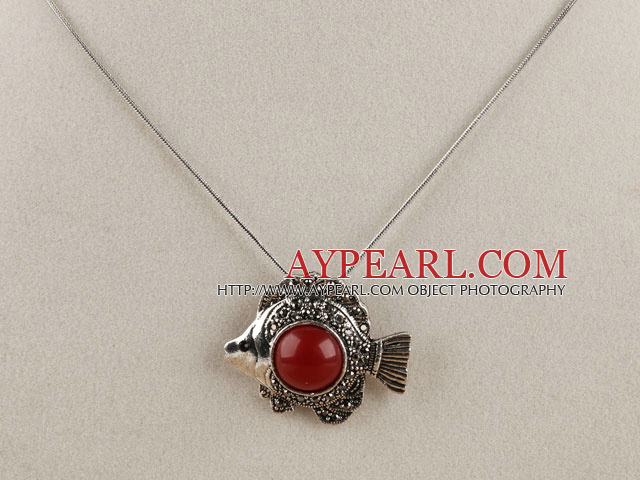 engraved alloy jewelry 17.7 inches immitation red gemstone fish shape pendant