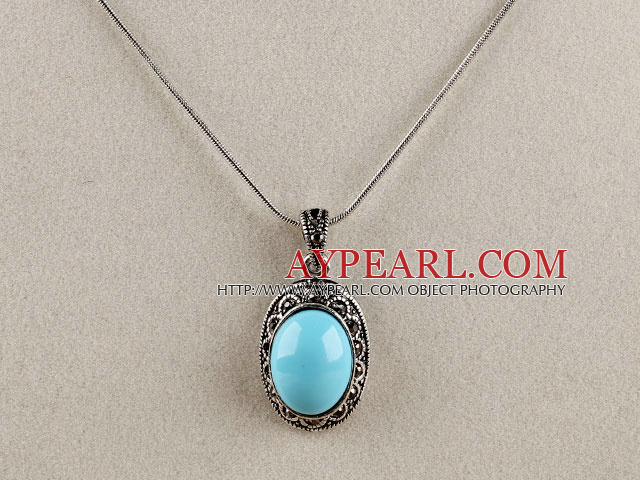 vintage-like engraved alloy jewelry blue oval immitation gemstone pendant with rhinestone