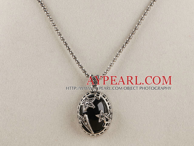 engraved alloy jewelry 17.7 inches immitation black gemstone pendant necklace