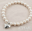 A Grade Round Pearl Beaded Bracelet with Heart Shape Thai Silver Accessory Elastic Bangle Bracelet