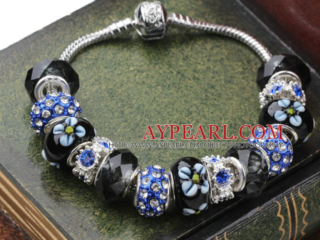 Fashion Style Black Colored Glaze and Blue Colored Glaze with Rhinestone Charm Bracelet