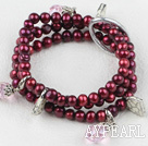 multi strand dyed wine red natural pearl and pink crystal bracelet 