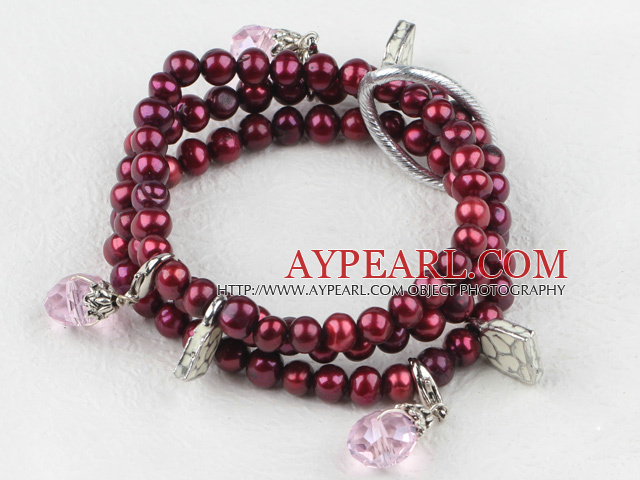 multi strand dyed wine red natural pearl and pink crystal bracelet 