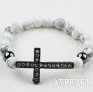 Black Rhinestone Sideway/Side Way Cross and Howlite and Hematite Stretch Bangle Bracelet