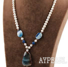 White Freshwater Pearl and Blue Agate Pendant Necklace