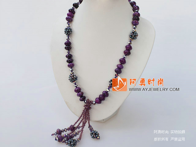 black pearl crystal and purple gem necklace with toggle clasp
