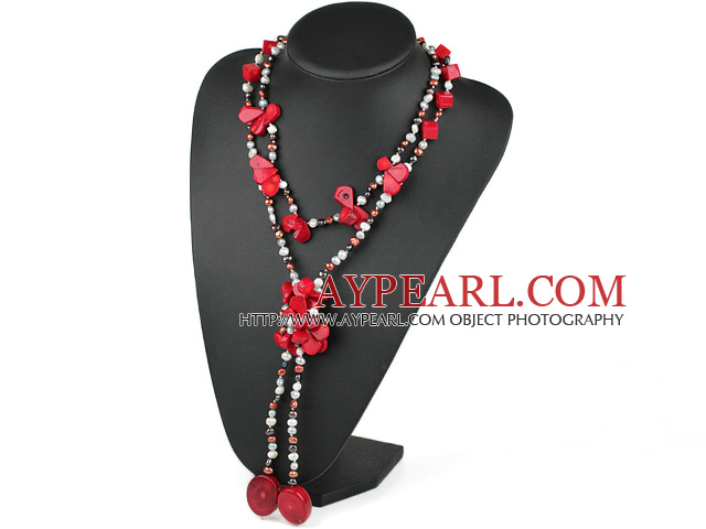 fashion long style pearl and coral double strand necklace