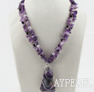 Two Strands Amethyst Chips and Amethyst Pendant Necklace