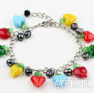 Black Freshwater Pearl and Heart Shape Multi Colored Glaze Bracelet