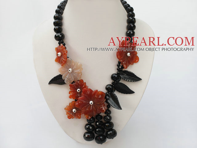 exquisite black and red agate beaded flower necklace 