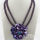 Two Rows Deark Purple Crystal Necklace with Purple Shell Flower