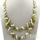 White Freshwater Pearl and Olive Jade Necklace