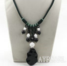 Black Agate and White Porcelain Stone Necklace with Bold Cord and Waved Pendant