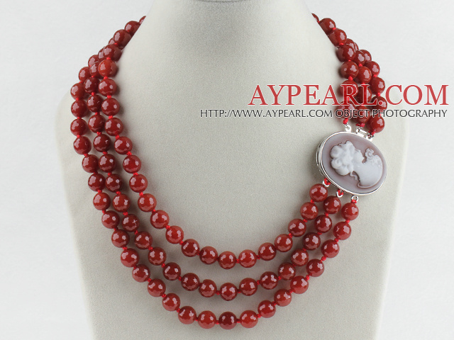 three strand faceted red agate necklace with beauty clasp