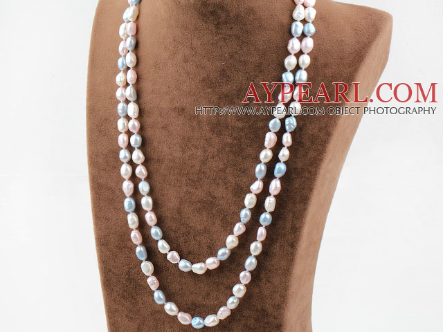 Long Style White Pink Blue Color Freshwater Pearl Beaded Necklace