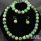 14mm Round Green Burst Pattern Agate Beaded Set ( Necklace Bracelet and Matched Earrings )