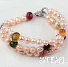 Multi Strand Pink Freshwater Pearl and Colored Quartz Bracelet