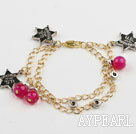 rose color agate and five star charms bracelet on golden color chain
