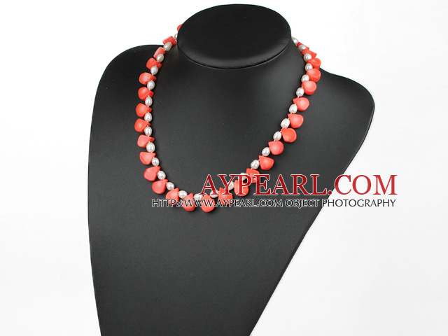 white pearl and red coral necklace with toggle clasp