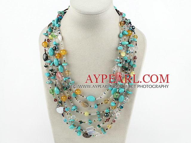 multi strand colorful stone and crystal necklace with lobster clasp