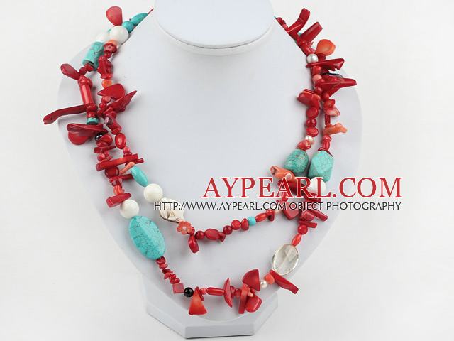 fashion long style turquoise and red coral necklace