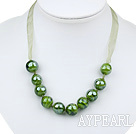 14mm round green colored glaze beads necklace with ribbon 
