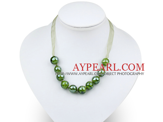 14mm round green colored glaze beads necklace with ribbon 