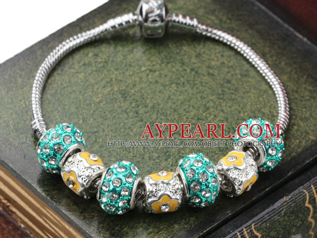 Fashion Style Green Colored Glaze with Rhinestone and Yellow Accessories Charm Bracelet