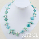 19.5 inches white pearl and blue jade necklace with moonlight clasp