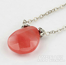 drop shaped cherry quartz necklace with metal chain and lobster clasp