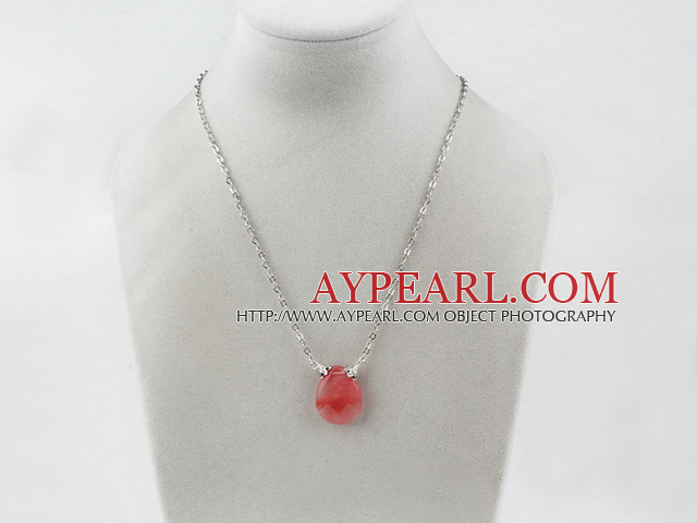 drop shaped cherry quartz necklace with metal chain and lobster clasp