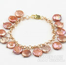 Dark Pink Coin Pearl Bracelet with Yellow Chain