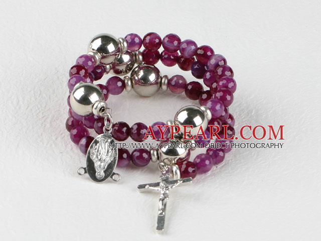20.5 inches 8mm faceted purple agate wrap bangle bracelet with cross charm