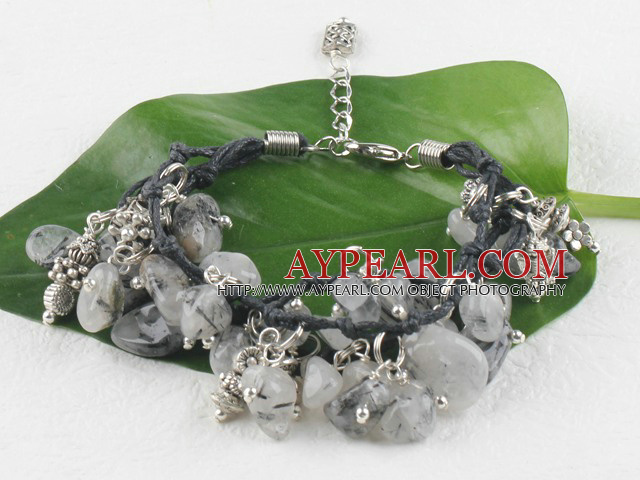Multi strand black rutilated quartz bracelet with adjustable chain