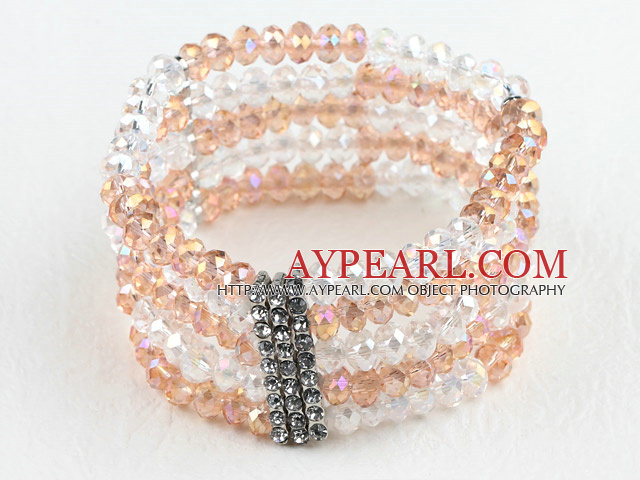 Multi Strands Light Pink and Clear Crystal Elastic Bangle Bracelet