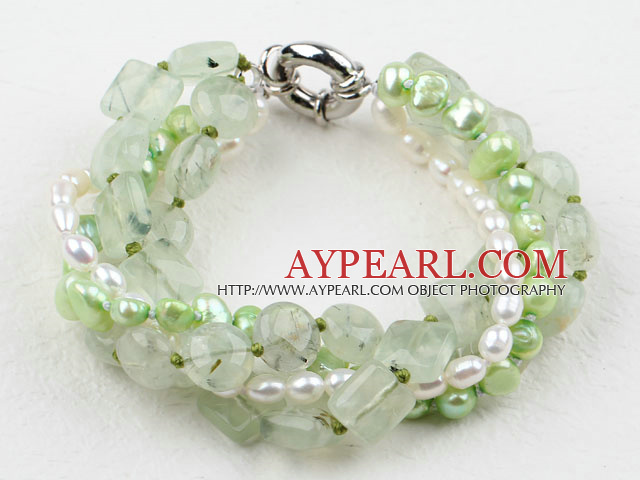 Light Green Series Multi Strands Assorted Freshwater Pearl and Prehnite Bracelet