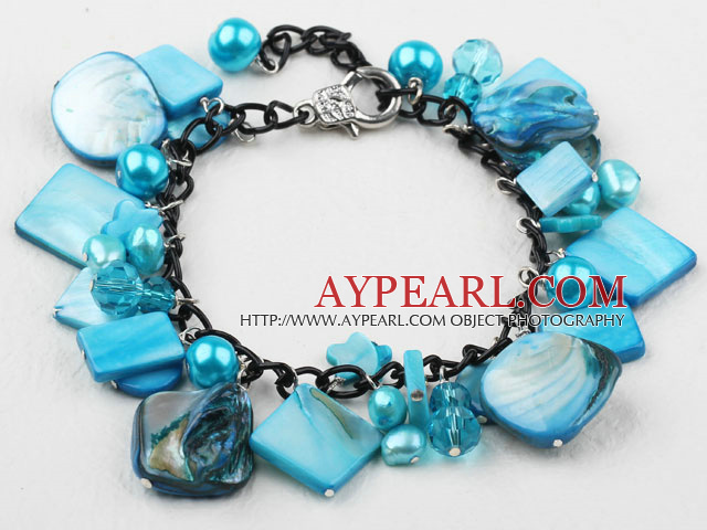Sky Blue Series Blue Freshwater Pearl Shell and Crystal Bracelet with Metal Chain