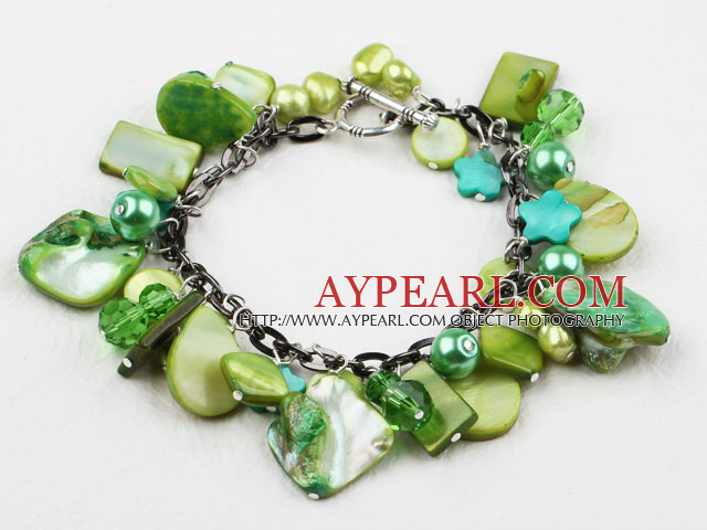 Green Series Green Freshwater Pearl Shell and Crystal Bracelet with Metal Chain