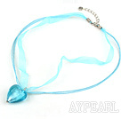 heart blue colored glaze necklace with ribbon