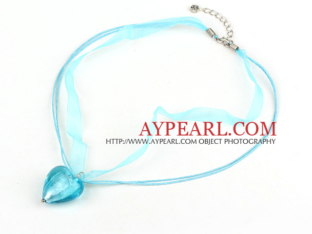 heart blue colored glaze necklace with ribbon