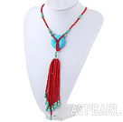 Fashion Style Red Coral Y Shape Tassel Necklace with Turquoise Donut