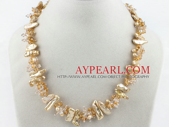 Elegant Single Strand Golden Biwa Pearl And Cluster Crystal Necklace