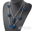 Two Layer Faceted Blue Agate Cluster Necklace with Metal Chain
