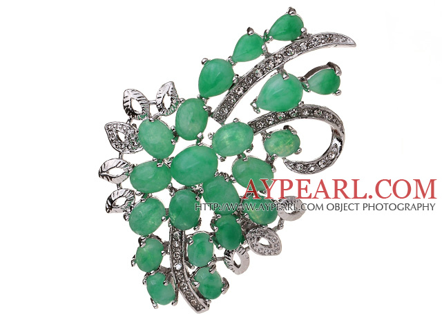 Fashion Branch Blandet Heart And Oval Shape Grønn Innlagt malaysiske Jade brosje med Charming Rhinestones