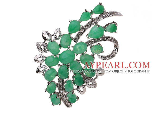 Fashion Branch Mixed Heart And Oval Shape Green Inlaid Malaysian Jade Brooch With Charming Rhinestones