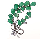 Fashion Branch Heart And Teardrop Shape Green Inlaid Malaysian Jade Brooch With Charming Rhinestones
