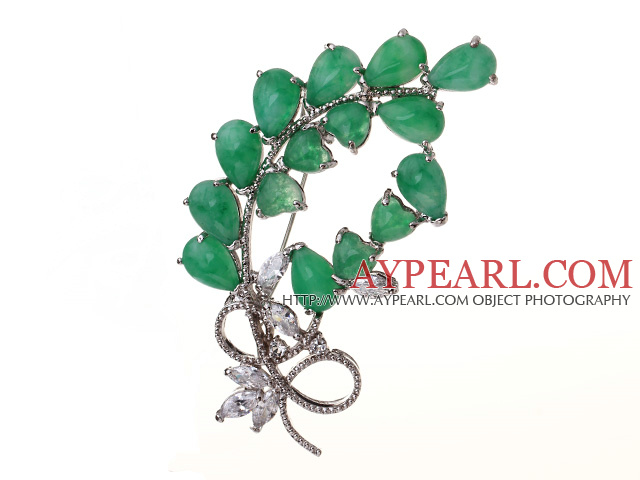 Fashion Branch Heart And Teardrop Shape Green Inlaid Malaysian Jade Brooch With Charming Rhinestones