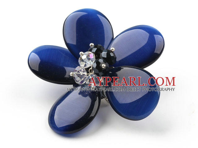 Dark Blue Color Cats Eye and Clear and Black Crystal Flower Brooch