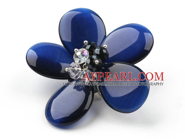 Couleur bleu foncé et clair Cats Eye et noir Broche fleur en cristal