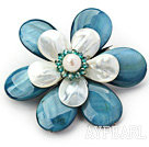 White Freshwater Pearl and Green Crystal and Peacock Blue Shell Flower Brooch